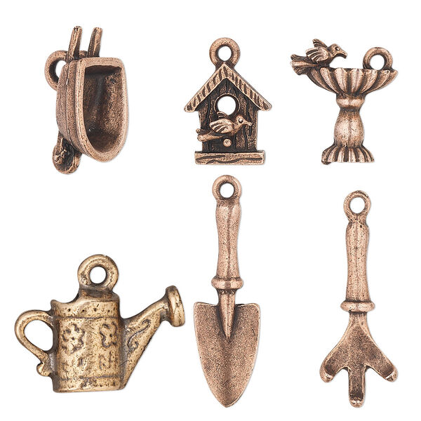 Charm set, antique copper-plated pewter (tin-based alloy), 17x9mm-32x23.5mm garden theme. Sold per 6-piece set. image number 0