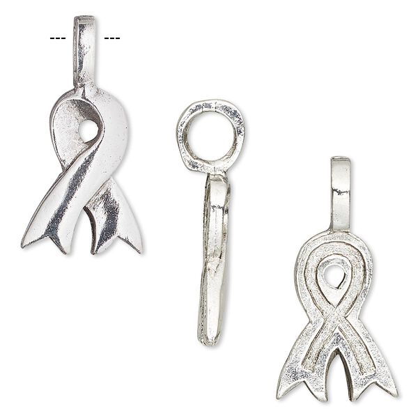 Bail, glue-on, antiqued silver-plated pewter (tin-based alloy), 26x13mm with 18x13mm awareness ribbon, 4.5mm inside diameter. Sold individually. image number 0