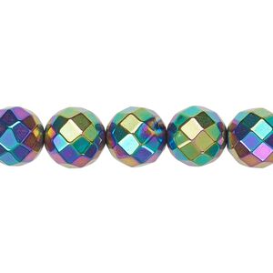 Hemalyke™ 1pkg1, rainbow titanium-coated faceted round bead 15.5-16 inch 10mm