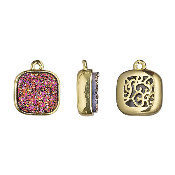 Drop, Druzylite™, "druzy" (resin) and gold-finished brass, metallic purple, 11.5mm two-sided square with open filigree back. Sold per pkg of 4. image number 0