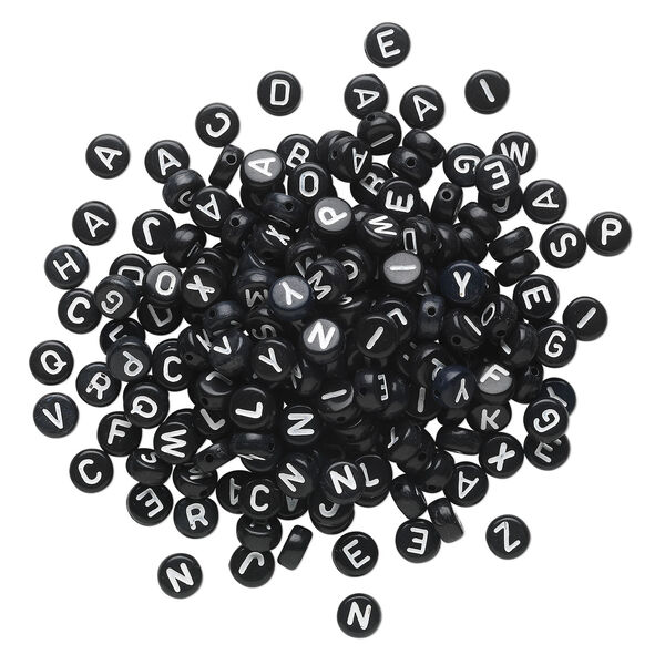 Bead mix, acrylic, opaque black and white, 7mm double-sided flat round with alphabet letters. Sold per pkg of 200. image number 1