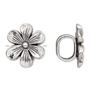 Slide, antique silver-plated "pewter" (zinc-based alloy), 21x21mm flower with hidden loop, 10x7.5mm hole. Sold per pkg of 4.