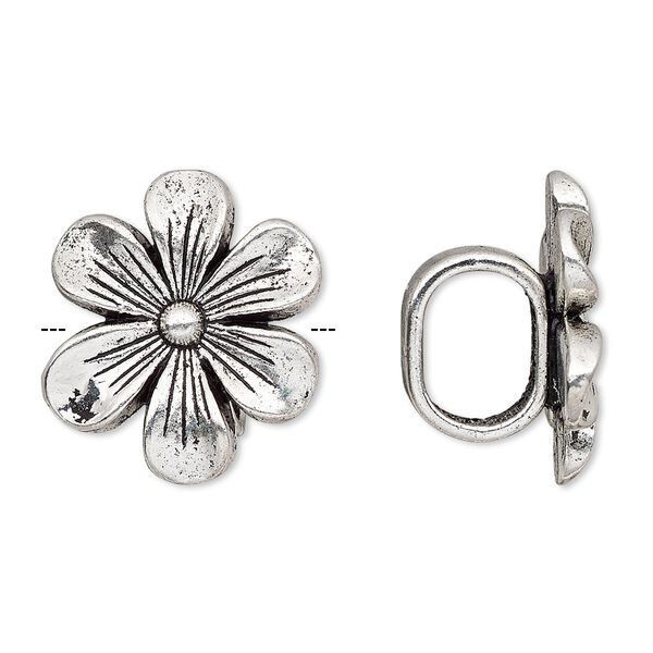Slide, antique silver-plated "pewter" (zinc-based alloy), 21x21mm flower with hidden loop, 10x7.5mm hole. Sold per pkg of 4. image number 0