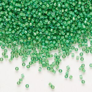 Seed bead, Delica®, glass, pkg/7.5g, #11 round, translucent white-lined luster green (DB-1787).