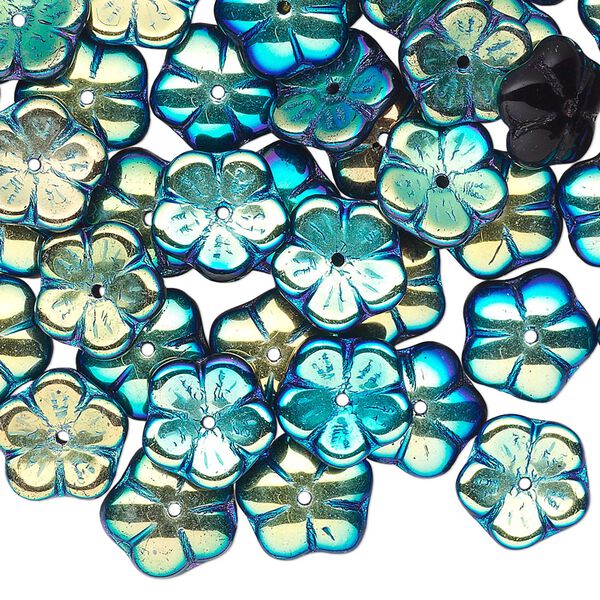 Bead cap, Czech pressed glass, jet AB, 10x3mm flower, fits 8-10mm bead. Sold per pkg of 50. image number 0