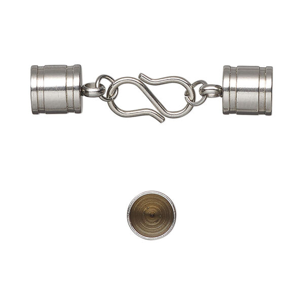 Clasp, S-hook, stainless steel, 34x8mm clasp with 13x7mm hook and 7x7mm glue-in tube ends, 6mm inside diameter. Sold individually. image number 0