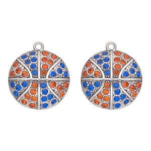 Charm, antique silver-finished "pewter" (zinc-based alloy) and glass, blue and orange, 24mm single-sided basketball. Sold per pkg of 2.