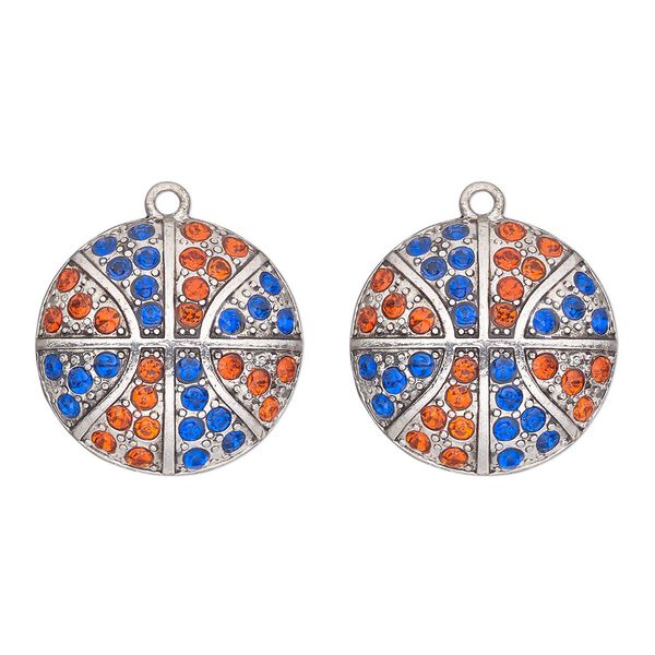 Charm, antique silver-finished "pewter" (zinc-based alloy) and glass, blue and orange, 24mm single-sided basketball. Sold per pkg of 2. image number 0