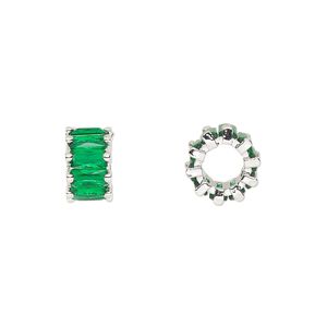 Bead, cubic zirconia and silver-plated brass, emerald, 10.5x6mm rondelle. Sold per pkg of 2.