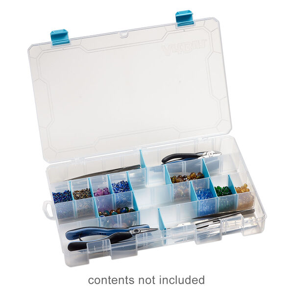 Organizer, ArtBin® tarnish inhibitor, plastic, clear and teal blue, 14-1/8 x 9 x 2 inches, 19 adjustable compartments. Sold individually. image number 0