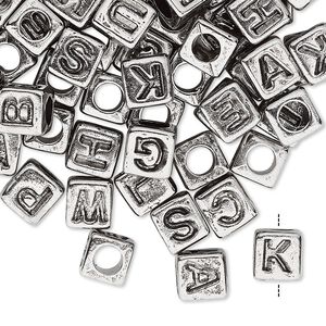Bead mix, acrylic, silver and opaque black, 6.5x6mm vertically drilled cube with alphabet letters. Sold per pkg of 100.