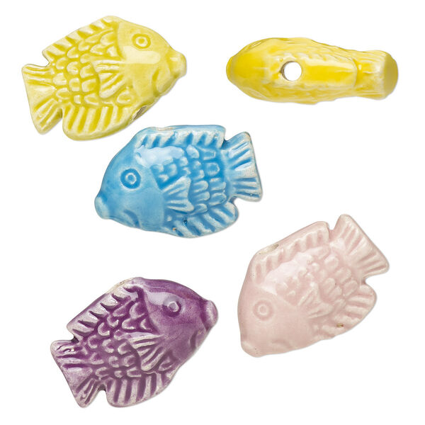 Bead, painted and glazed ceramic, assorted colors, 21x14mm fish. Sold per pkg of 5. image number 0