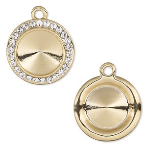 Drop, Almost Instant Jewelry®, crystals and gold-finished "pewter" (zinc-based alloy), crystal clear, 18.5mm round with 14mm rivoli setting. Sold individually.