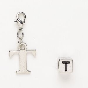 Charm and bead 1pkg2 antiqued silver-finished "pewter" (zinc-based alloy) / steel / enamel, black, 14x12mm "T" with lobster claw clasp and 7mm cube with "T".