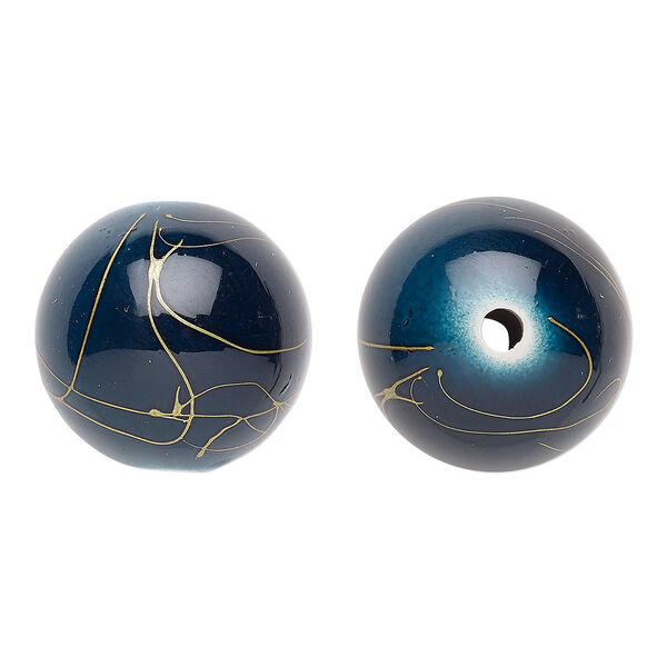 Bead, acrylic, dark blue and gold, 26mm round with swirls. Sold per pkg of 10. image number 0