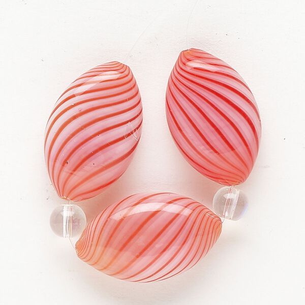 Bead 1pkg3 handblown glass, 26x16mm-27x17mm puffed marquise / line design, translucent white / red-orange image number 0