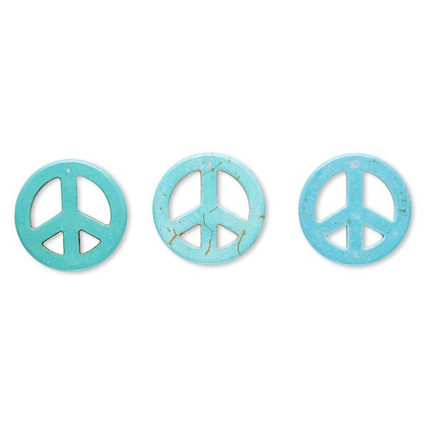 Focal, "howlite" (resin) (imitation), blue and green, 45mm peace sign. Sold per pkg of 3. image number 0