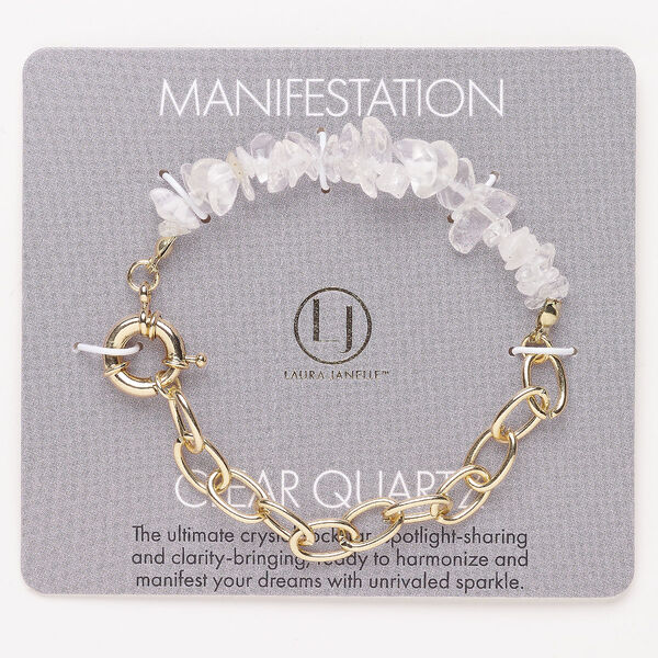 Bracelet, steel / brass / quartz crystal (natural), pkg/1, 6 inches with springring clasp, gold finish. image number 0