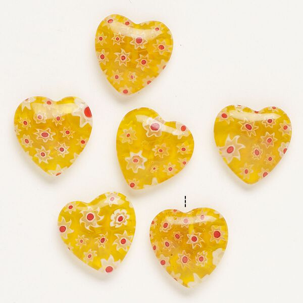 Bead, millefiori glass, translucent yellow / red / white, 16-18mm half-drilled puffed heart. Sold per pkg of 6. image number 0
