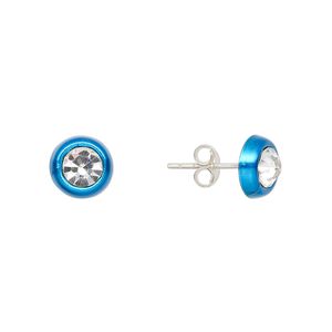 Earstud, Create Compliments®, enamel and sterling silver, blue, 8mm round. Sold per pair.