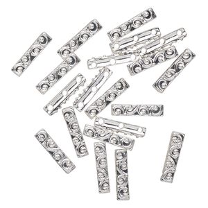 Spacer, 3-strand, silver-finished "pewter" (zinc-based alloy), 19x4mm-20x5mm fancy rectangle with swirls, fits up to 9mm bead. Sold per pkg of 20.