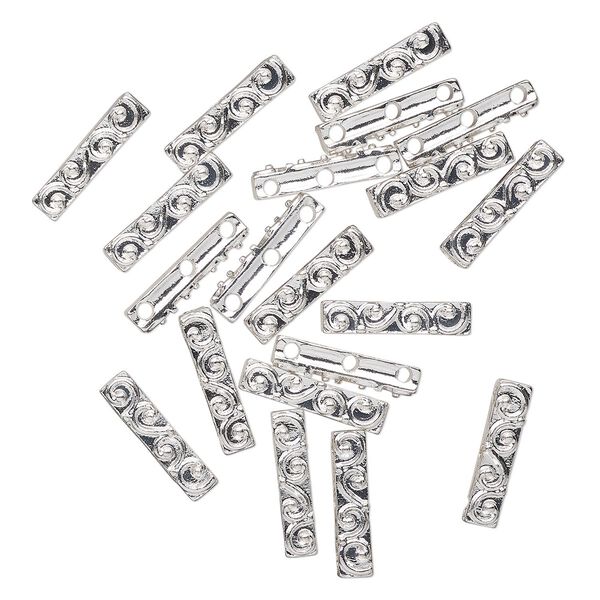 Spacer, 3-strand, silver-finished "pewter" (zinc-based alloy), 19x4mm-20x5mm fancy rectangle with swirls, fits up to 9mm bead. Sold per pkg of 20. image number 0