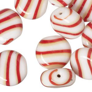 Bead, lampworked glass, opaque red / golden / white, 17mm flat round. Sold per pkg of 10.