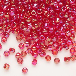 Seed bead, Dyna-Mites™, glass, transparent rainbow ruby red, #6 round. Sold per 1/2 kilogram pkg.