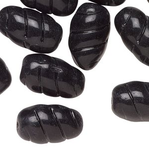 Bead, Czech pressed glass, opaque black, 20x11mm grooved oval. Sold per 2-ounce pkg, approximately 15 beads.