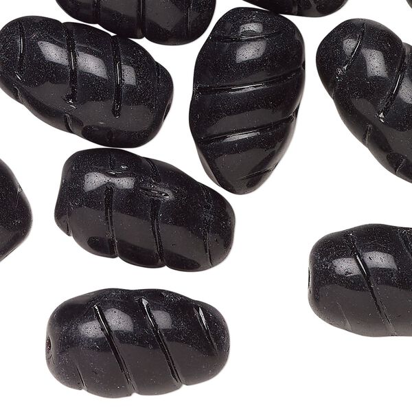 Bead, Czech pressed glass, opaque black, 20x11mm grooved oval. Sold per 2-ounce pkg, approximately 15 beads. image number 0