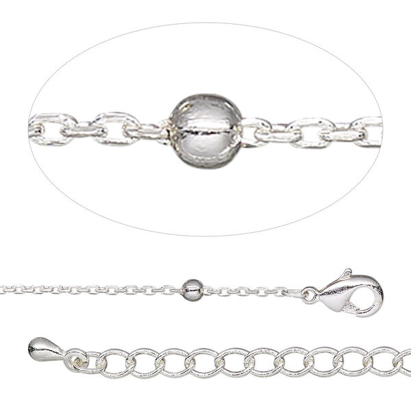 Chain, silver-plated brass, 1mm cable with 2.5mm ball, 18 inches with 2-inch extender chain and lobster claw clasp. Sold individually. image number 0