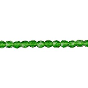 Bead, Czech fire-polished glass, transparent emerald green, 4mm faceted round. Sold per 15-1/2" to 16" strand, approximately 100 beads.