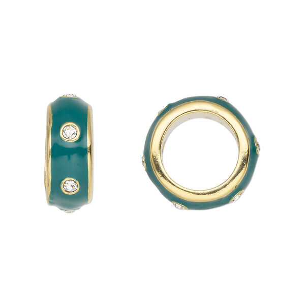Bead, Dione®, enamel / crystals / gold-finished "pewter" (zinc-based alloy), green and crystal clear, 14x5.5mm rondelle. Sold individually. image number 0