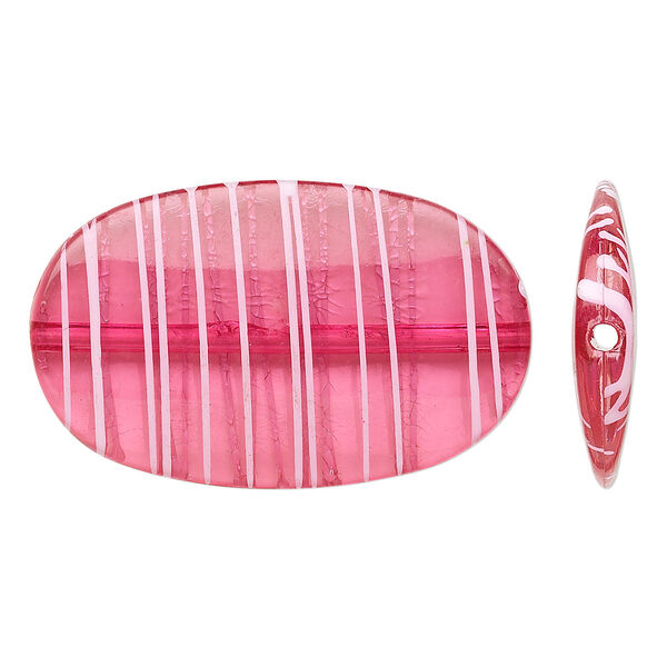 Bead, acrylic, semitransparent fuchsia and white, 45x27mm flat oval with painted line design. Sold per pkg of 20. image number 0