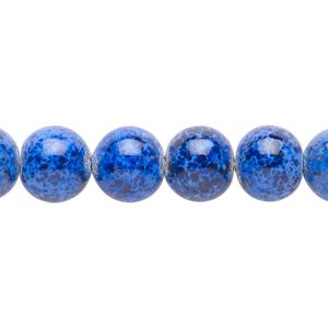 Bead, vintage German coated speckled glass, opaque blue and black, 10mm round. Sold per 15-1/2" to 16" strand.