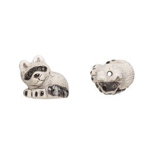 Bead, glazed ceramic, grey / black / white, 15x14mm hand-painted raccoon. Sold per pkg of 2.