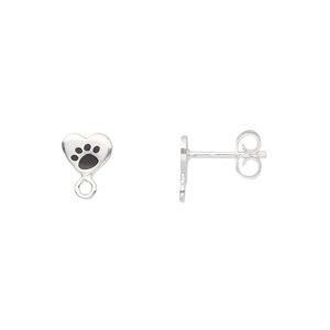 Earstud 1pkg2 sterling silver, 7x6mm heart / closed loop / earnuts, enamel black 1 pair