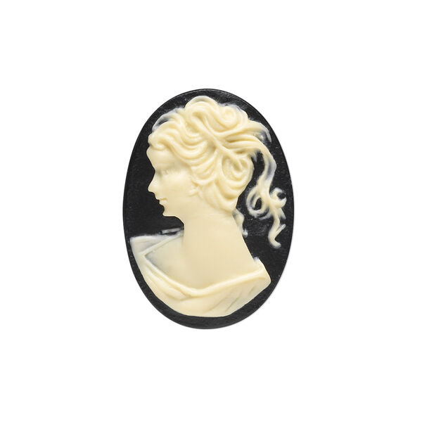Cabochon, acrylic, ivory and black, 25x18mm right- and left-facing non-calibrated oval cameo with woman. Sold per pkg of 6 pairs. image number 0