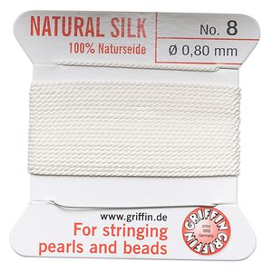 Thread, Griffin, silk, white, size #8. Sold per 2-meter card (approximately 78 inches).