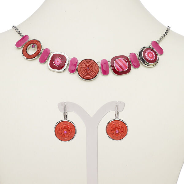 Necklace and earring set, enamel / glass rhinestone / silver-plated steel / "pewter" (zinc-based alloy), pink / red / white, round and square, 18-inch necklace with 2-inch extender chain and lobster claw clasp, 27mm earrings with leverback ear wire. Sold per set. image number 0