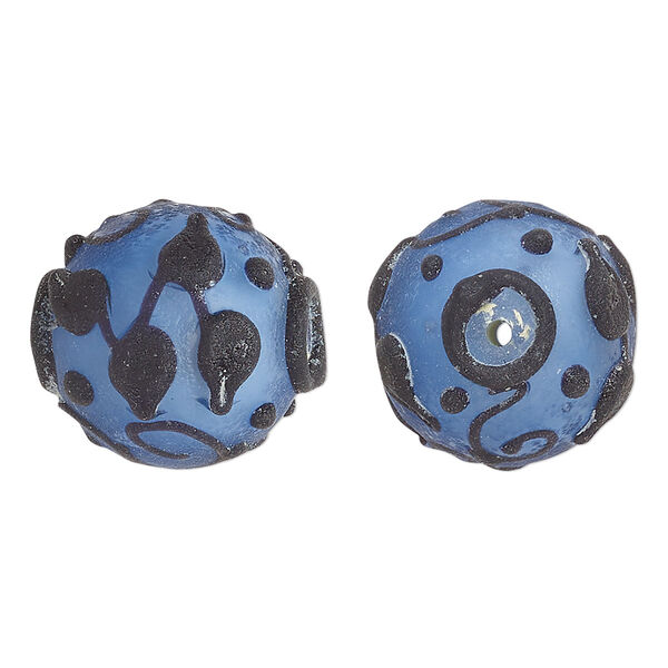 Bead, lampworked glass, opaque matte blue and black with leaf and swirl design, 18mm round. Sold individually. image number 0