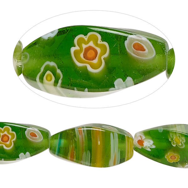 Bead, millefiori glass, translucent green / yellow / multicolored, 20x10mm 4-sided twisted oval. Sold per 15-inch strand, approximately 20 beads. image number 0
