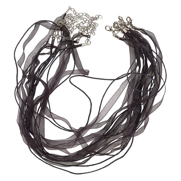 Necklace cord, organza / cotton / silver-finished steel, black, 7mm wide ribbon with 1mm round cord, 16 inches with 1-1/2-inch extender chain and lobster claw clasp. Sold per pkg of 10. image number 0
