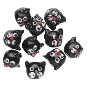 Bead, lampworked glass, black / red / white, 13x13mm round cat head. Sold per pkg of 10.