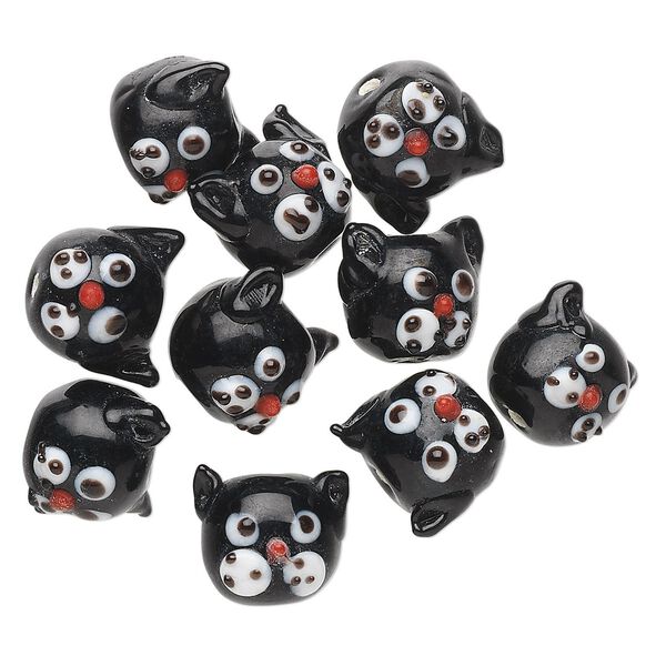 Bead, lampworked glass, black / red / white, 13x13mm round cat head. Sold per pkg of 10. image number 0
