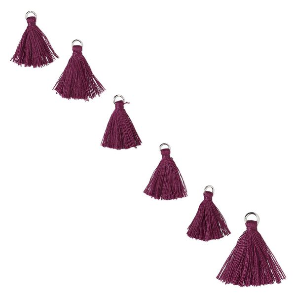 Tassel, silver-finished "pewter" (zinc-based alloy) and polyester, purple, 1" tassel with 6mm jump ring. Sold per pkg of 6. image number 0