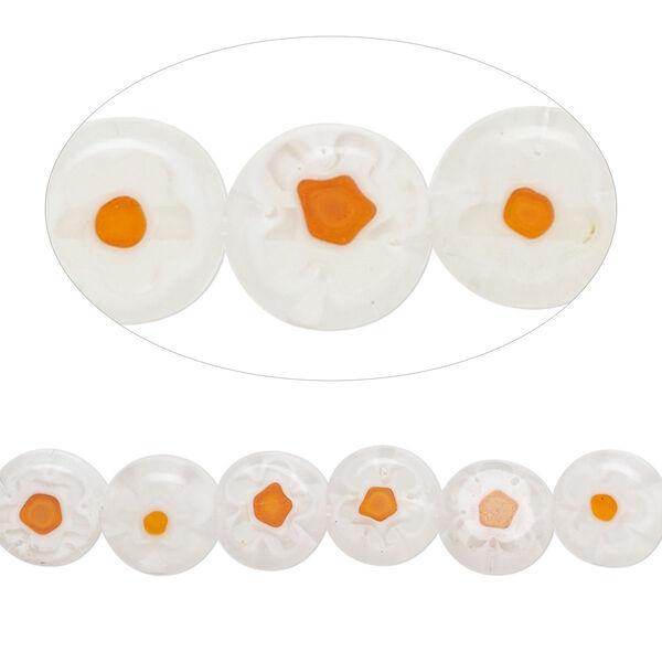 Bead, millefiori glass, translucent orange / clear / white, 8mm puffed flat round with flower design. Sold per 14-inch strand. image number 0