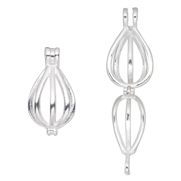 Drop, silver-finished brass, 15x10.5mm teardrop bead cage. Sold individually. image number 0