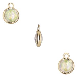 Drop, Opalized Ice™, "opal" (resin) and gold-finished brass, white, 9.5mm double-sided round. Sold per pkg of 6.