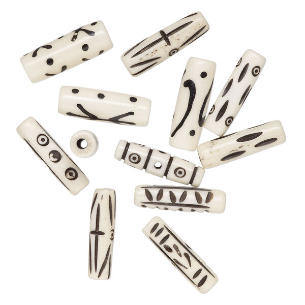 Bead, bone (dyed), black, 25x8mm hand-carved round tube with line designs, Mohs hardness 2-1/2. Sold per pkg of 12. image number 1